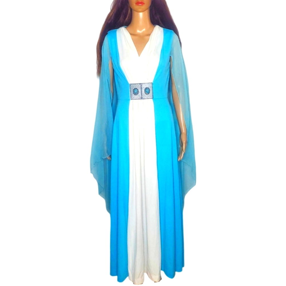 Vintage 1970's Aqua Blue & White Full Length Gown With Sheer Overlay